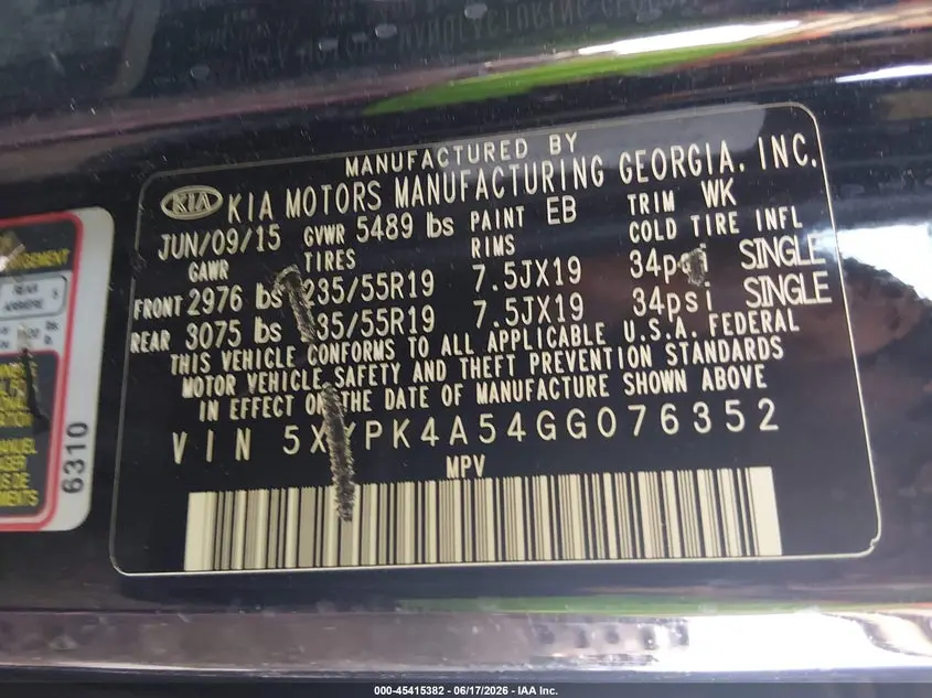 2016 KIA SORENTO 3.3L SXL