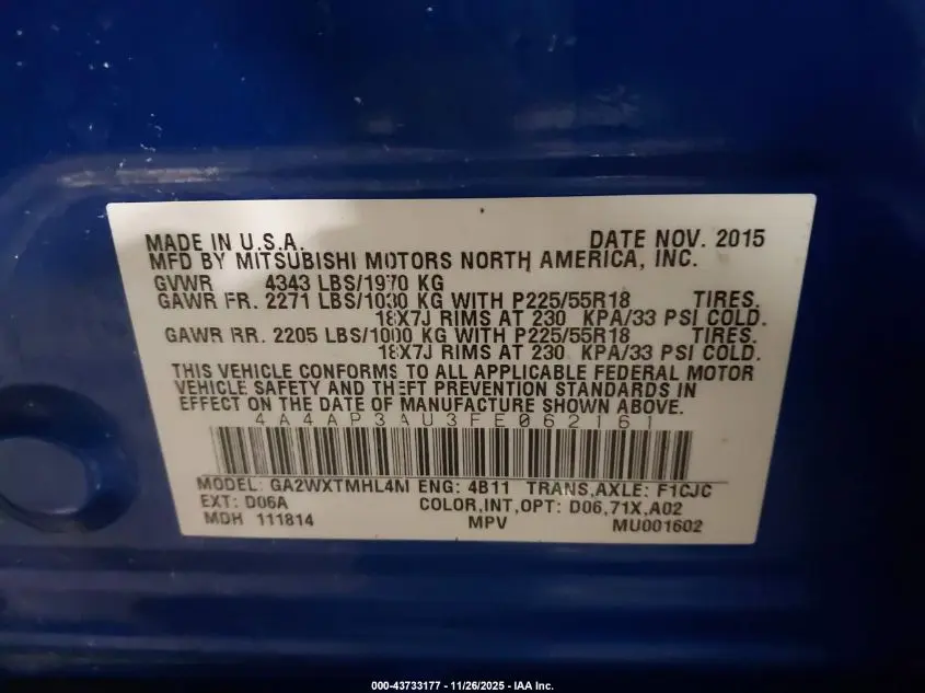 2015 MITSUBISHI OUTLANDER SPORT ES