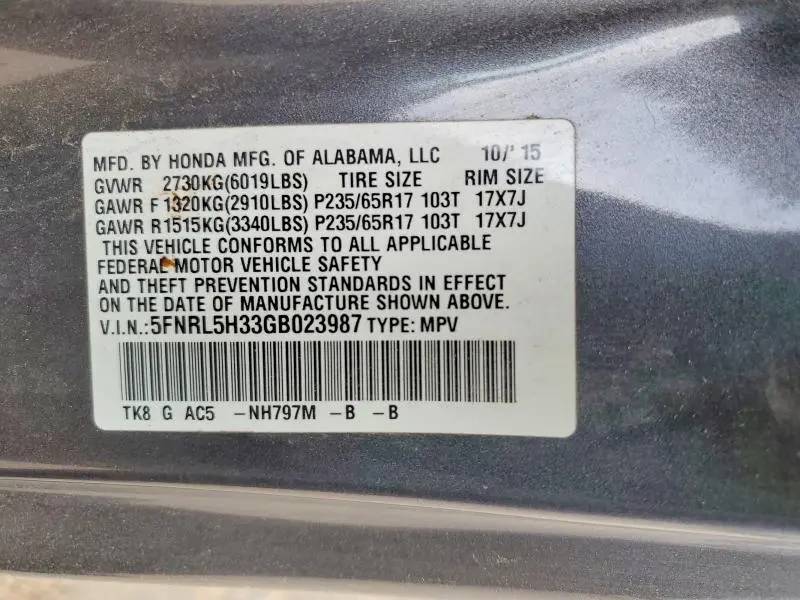 2016 HONDA ODYSSEY SE  
