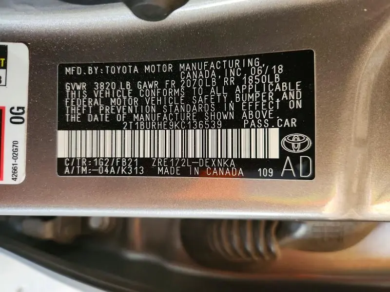 2019 TOYOTA COROLLA LE  