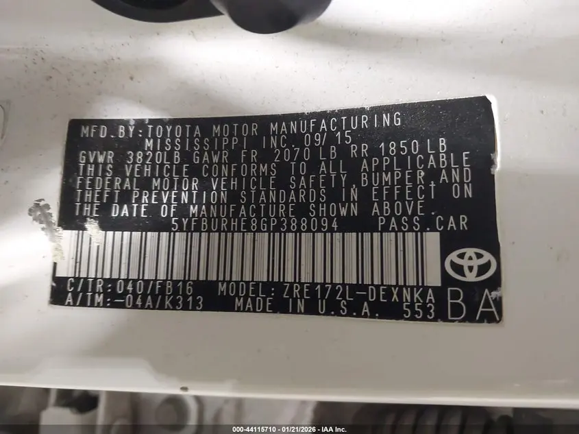 2016 TOYOTA COROLLA LE