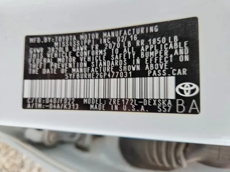 2016 TOYOTA COROLLA S PLUS  
