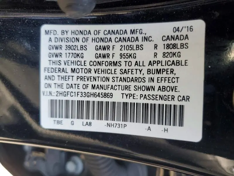 2016 HONDA CIVIC EX  