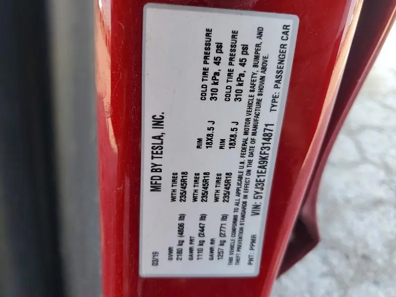 2019 TESLA MODEL 3   