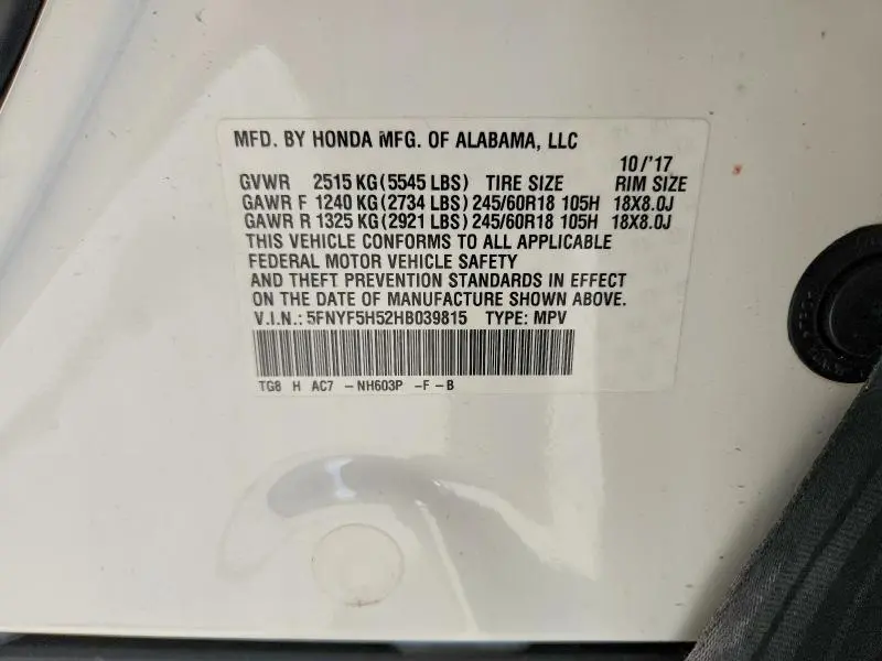 2017 HONDA PILOT EXL  