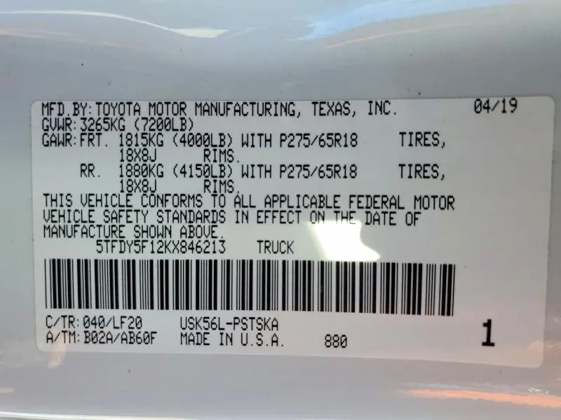 2019 TOYOTA TUNDRA 4WD   