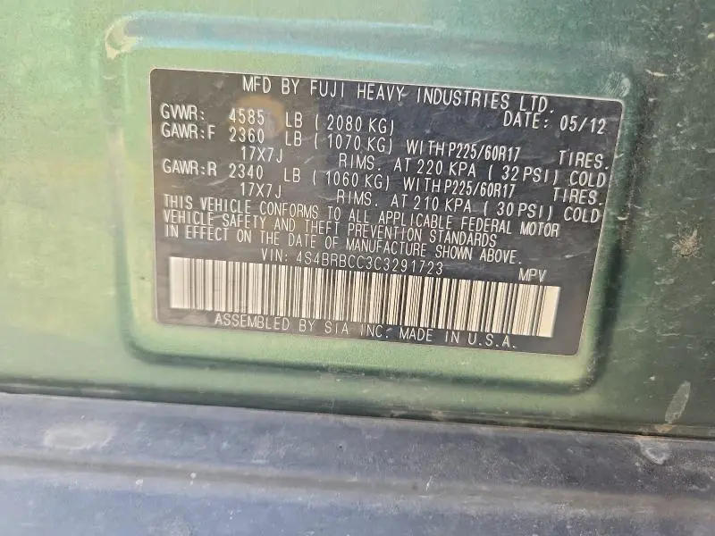 2012 SUBARU OUTBACK 2.5I PREMIUM  