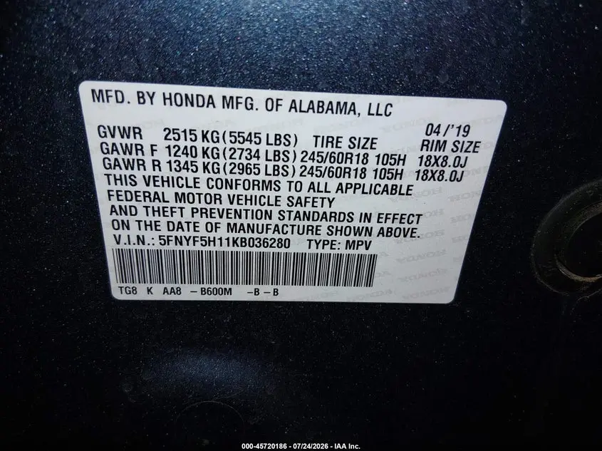 2019 HONDA PILOT LX
