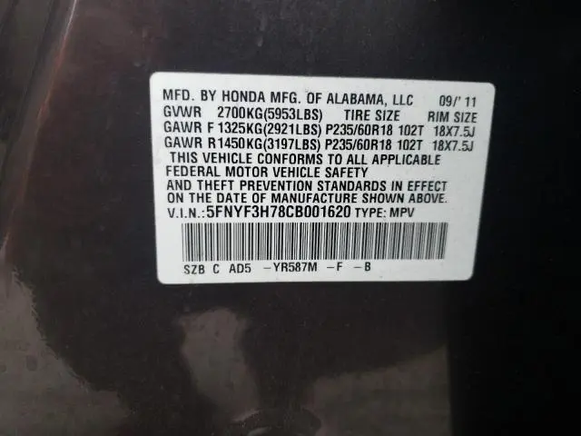 2012 HONDA PILOT EXLN  