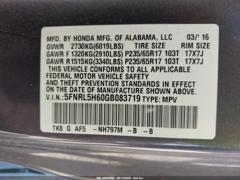2016 HONDA ODYSSEY EX-L