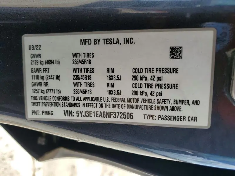 2022 TESLA MODEL 3   