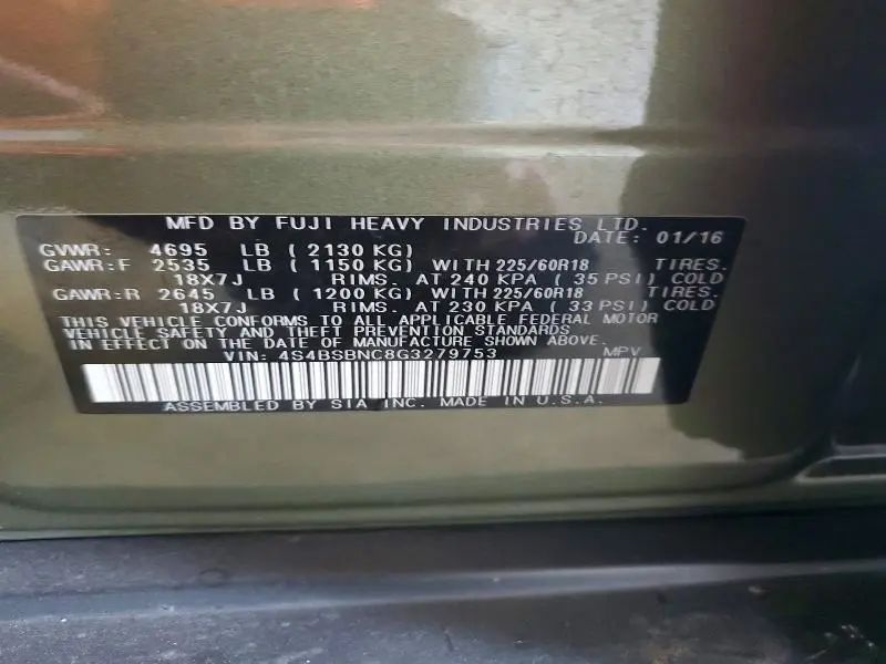 2016 SUBARU OUTBACK 2.5I LIMITED  