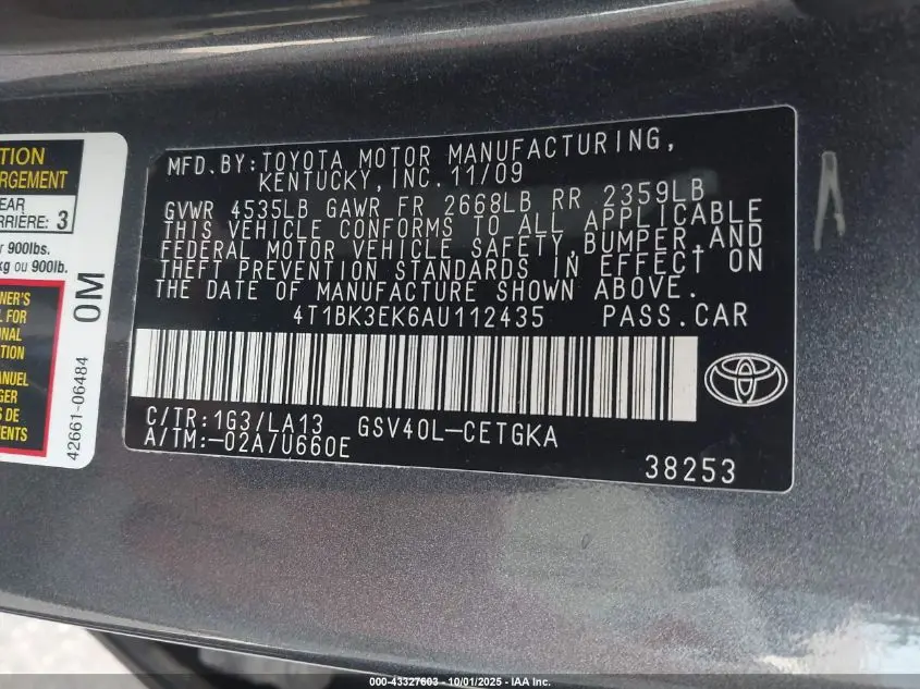 2010 TOYOTA CAMRY XLE V6