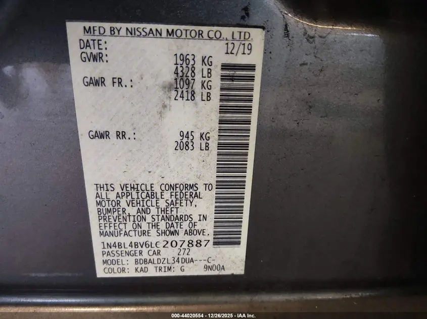 2020 NISSAN ALTIMA S FWD