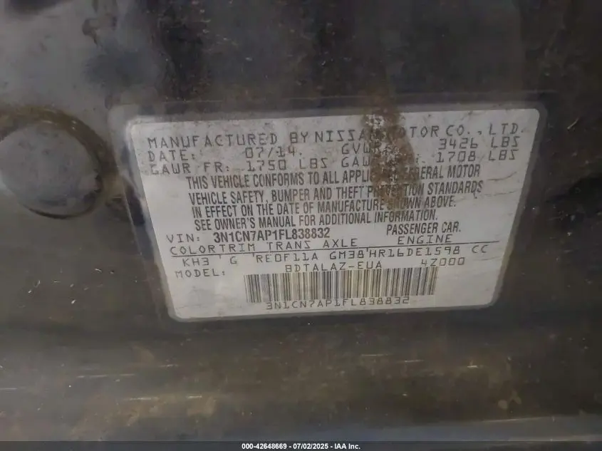 2015 NISSAN VERSA 1.6 S+