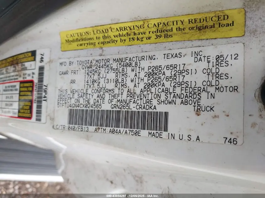 2012 TOYOTA TACOMA PRERUNNER V6