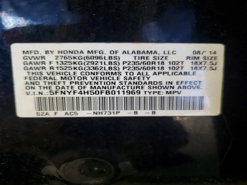 2015 HONDA PILOT EXL  