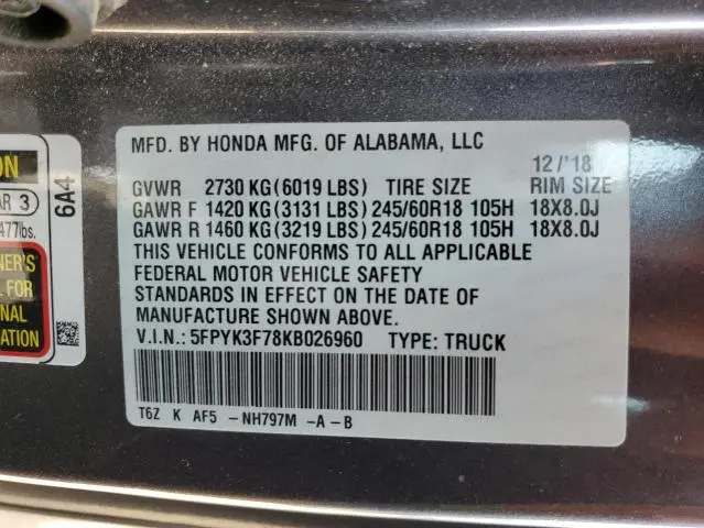 2019 HONDA RIDGELINE RTL  
