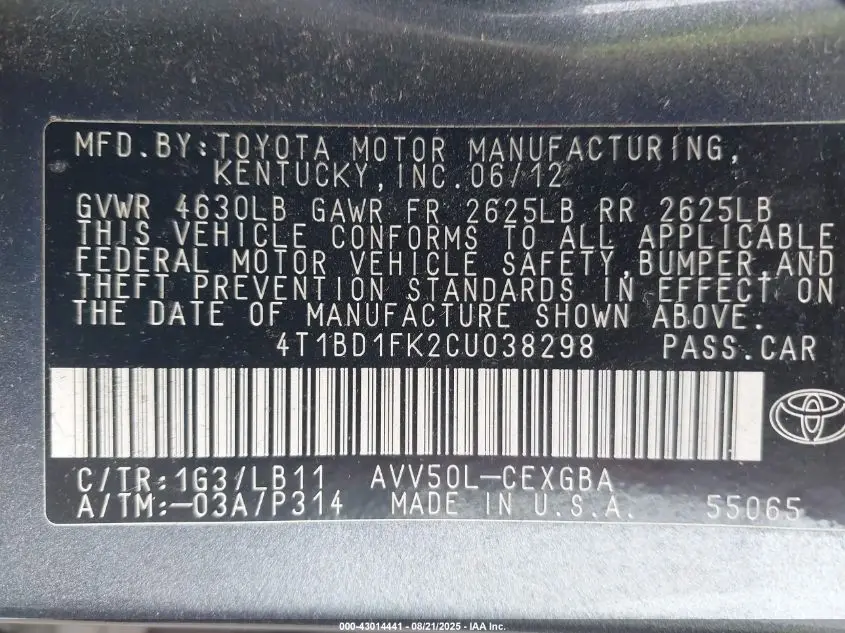 2012 TOYOTA CAMRY HYBRID XLE