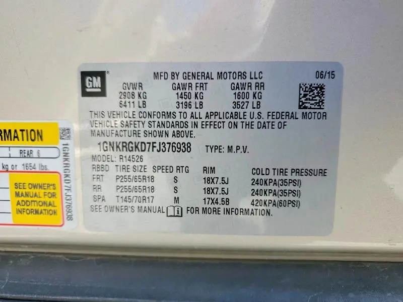 2015 CHEVROLET TRAVERSE LT  