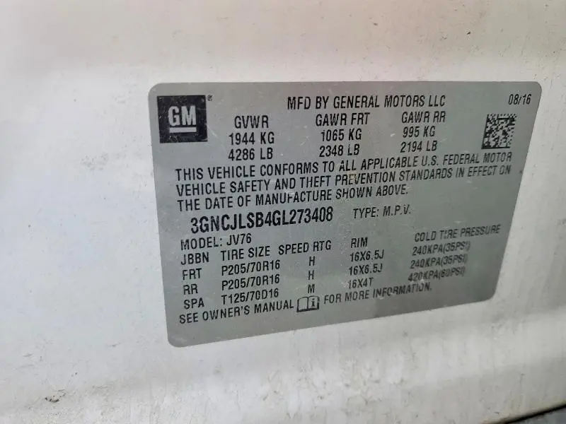 2016 CHEVROLET TRAX 1LT  