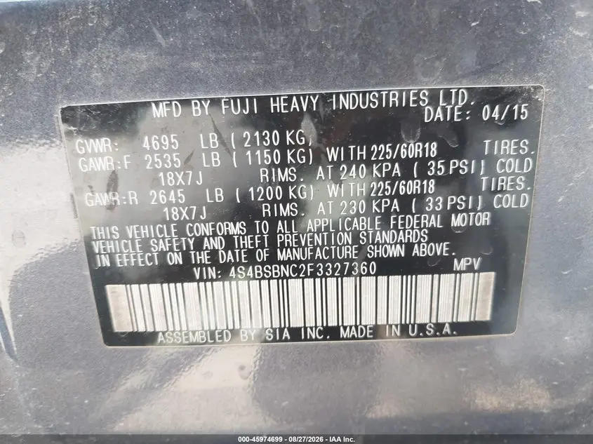 2015 SUBARU OUTBACK 2.5I LIMITED