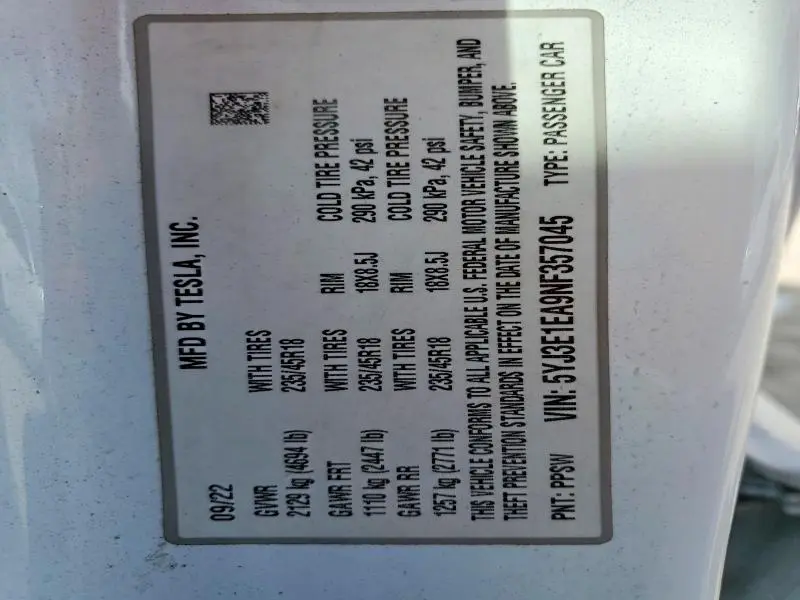 2022 TESLA MODEL 3   