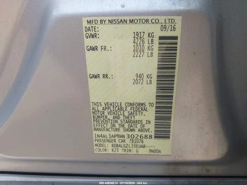 2017 NISSAN ALTIMA 2.5/2.5 S/2.5 SL/2.5 SR/2.5 SV