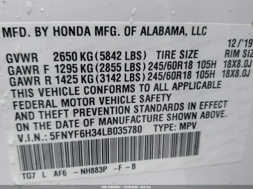 2020 HONDA PILOT AWD EX