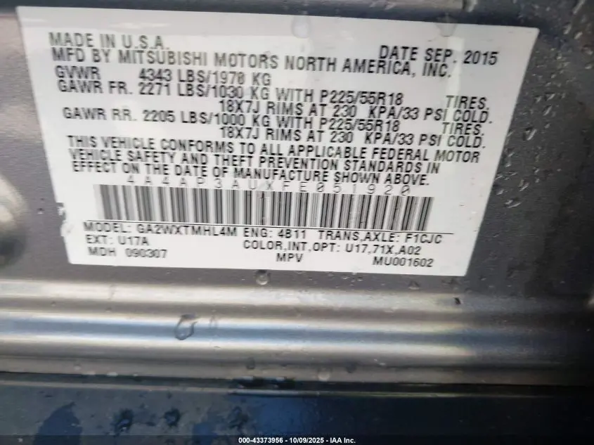 2015 MITSUBISHI OUTLANDER SPORT ES
