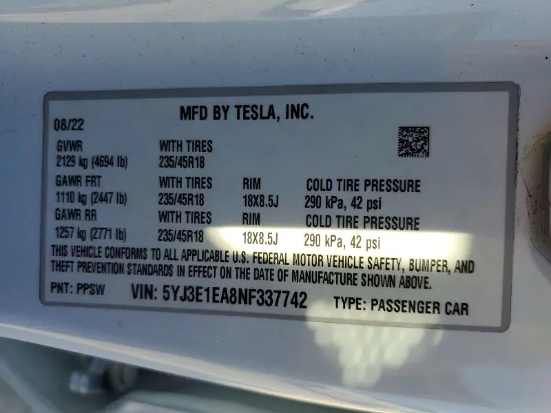 2022 TESLA MODEL 3   