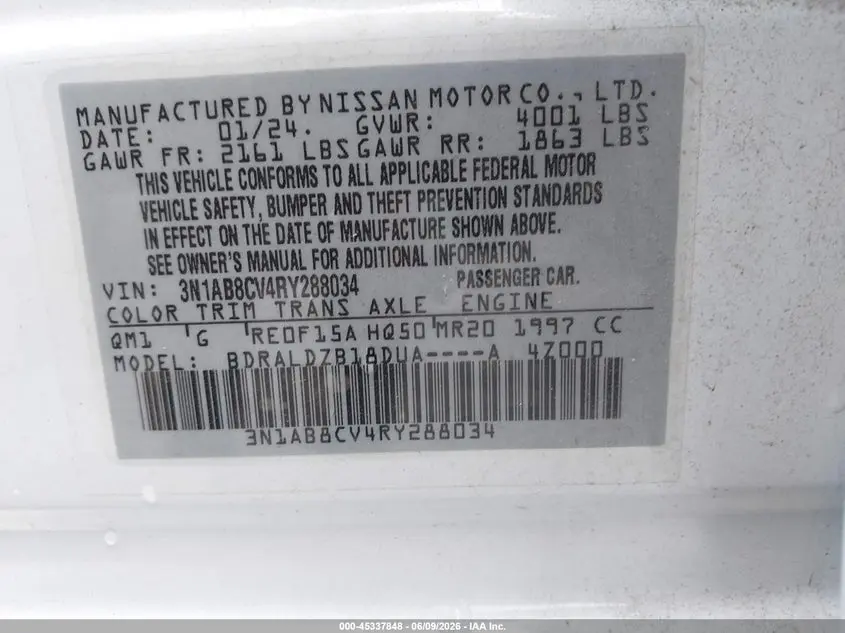 2024 NISSAN SENTRA SV XTRONIC CVT