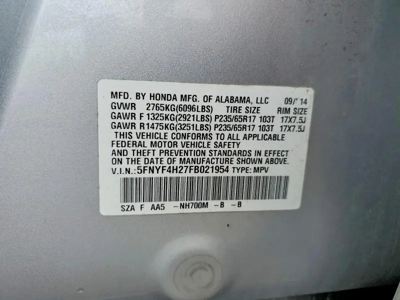 2015 HONDA PILOT LX  
