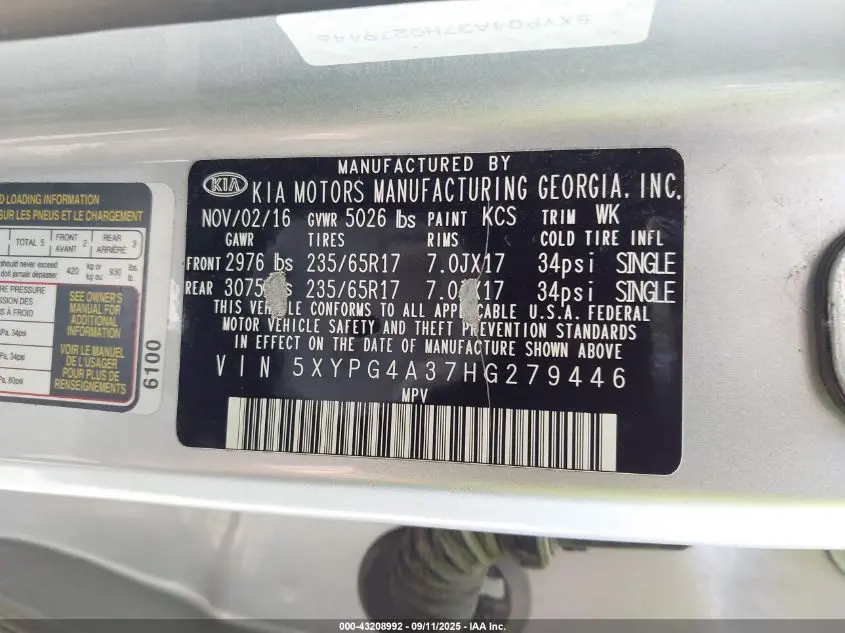 2017 KIA SORENTO 2.4L L