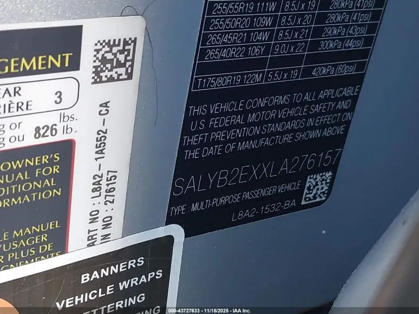 2020 LAND ROVER RANGE ROVER VELAR P250 S