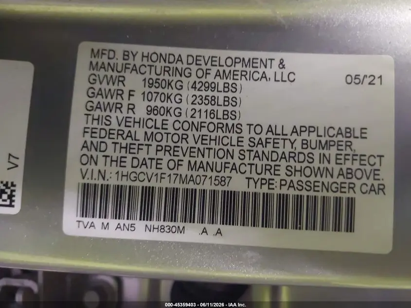 2021 HONDA ACCORD LX