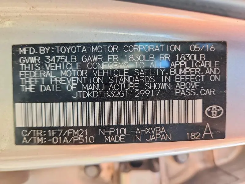 2016 TOYOTA PRIUS C TWO  