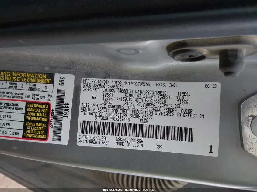 2012 TOYOTA TUNDRA GRADE 5.7L V8