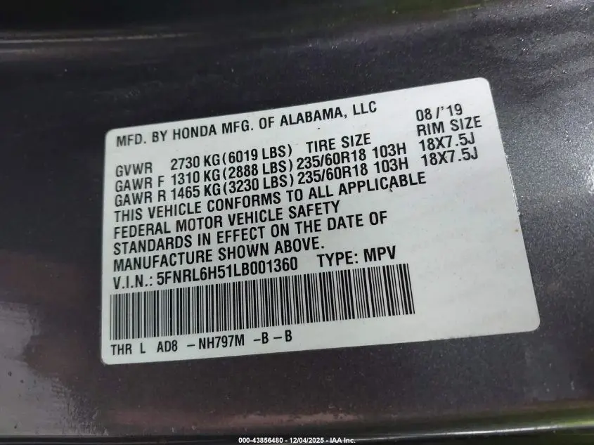 2020 HONDA ODYSSEY EX