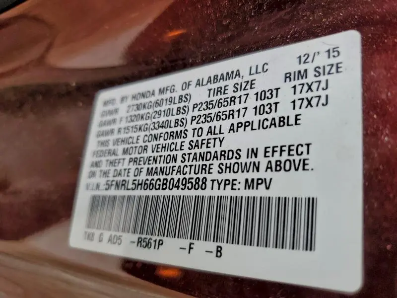 2016 HONDA ODYSSEY EXL  