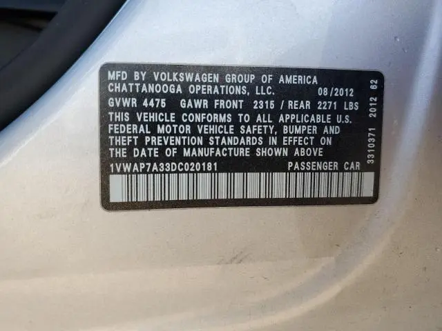2013 VOLKSWAGEN PASSAT S  