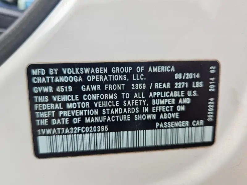 2015 VOLKSWAGEN PASSAT S  