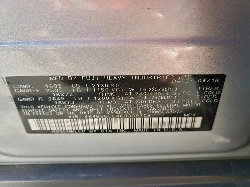 2016 SUBARU OUTBACK 2.5I LIMITED  