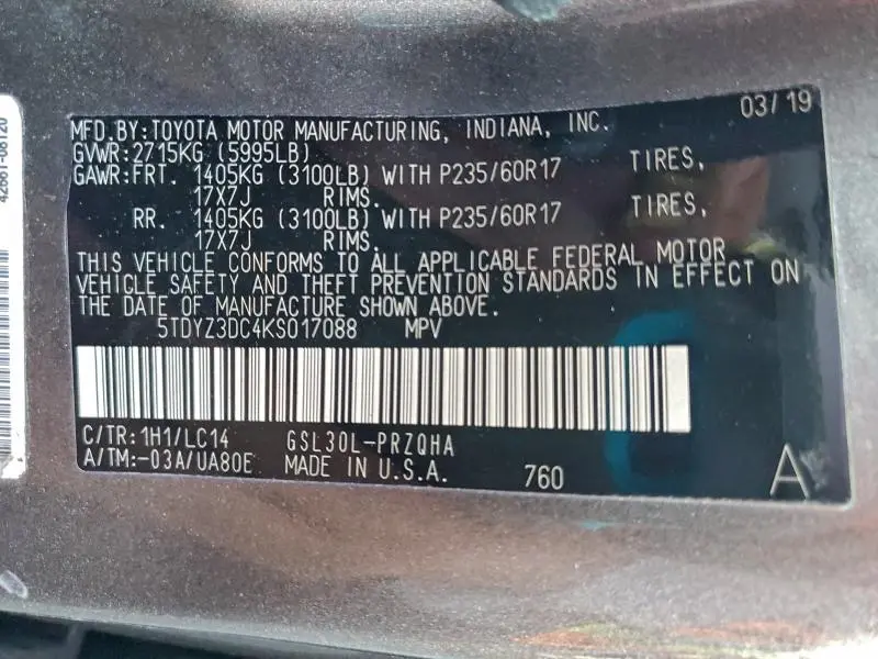 2019 TOYOTA SIENNA XLE  