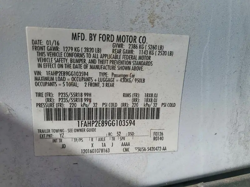 2016 FORD TAURUS SEL  