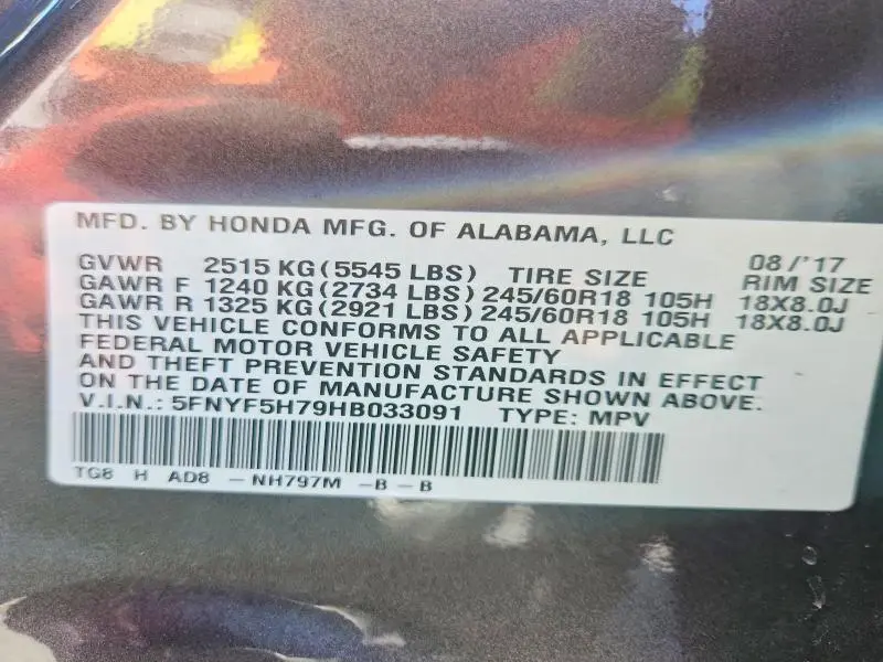 2017 HONDA PILOT EXLN  