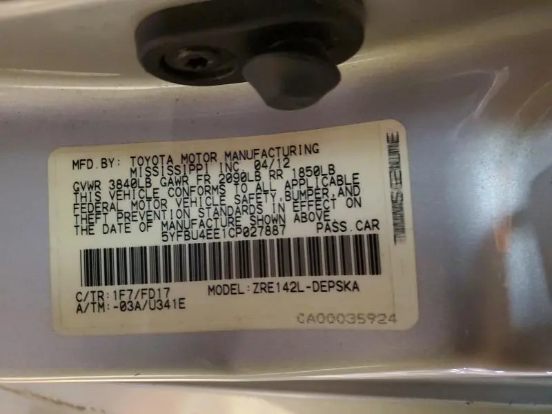 2012 TOYOTA COROLLA S  