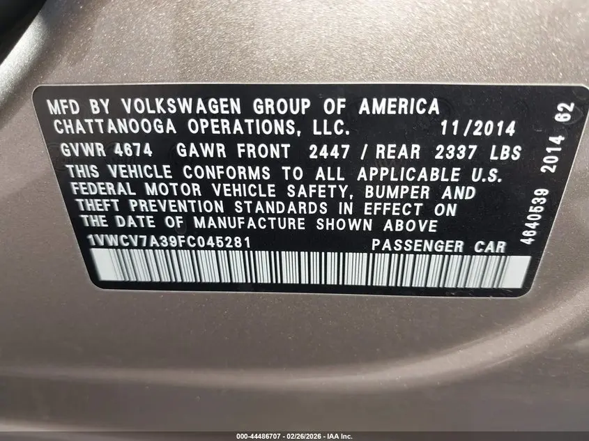 2015 VOLKSWAGEN PASSAT 2.0L TDI SEL PREMIUM