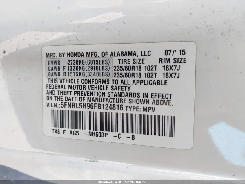 2015 HONDA ODYSSEY TOURING/TOURING ELITE