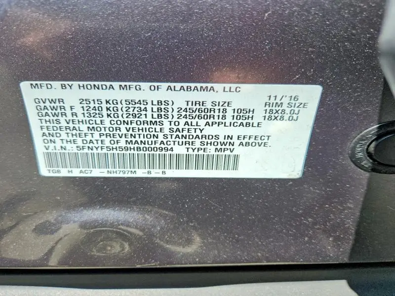 2017 HONDA PILOT EXL  